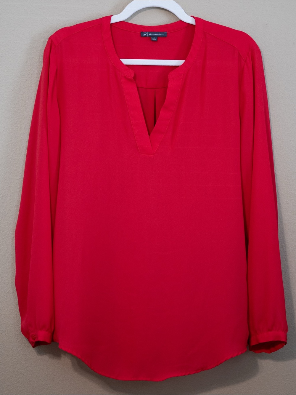 Adrianna Papell Bright Red Long Sleeve V-Neck Blouse Large